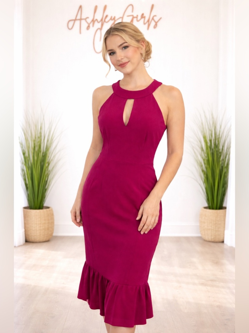 Nanette Lepore Magenta Sleeveless Keyhole Midi Dress